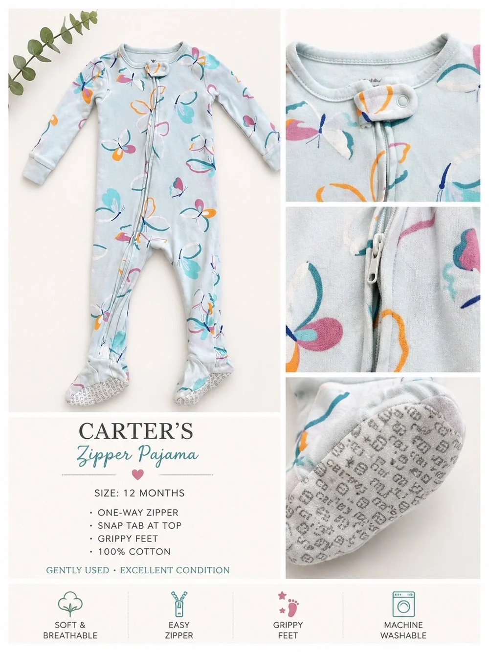 Carter's Light Blue Butterfly Zip Footed One-Piece